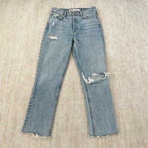 Grlfrnd Carolina Straight High Rise Crop Jeans 26 Larchmont Ripped Light Wash